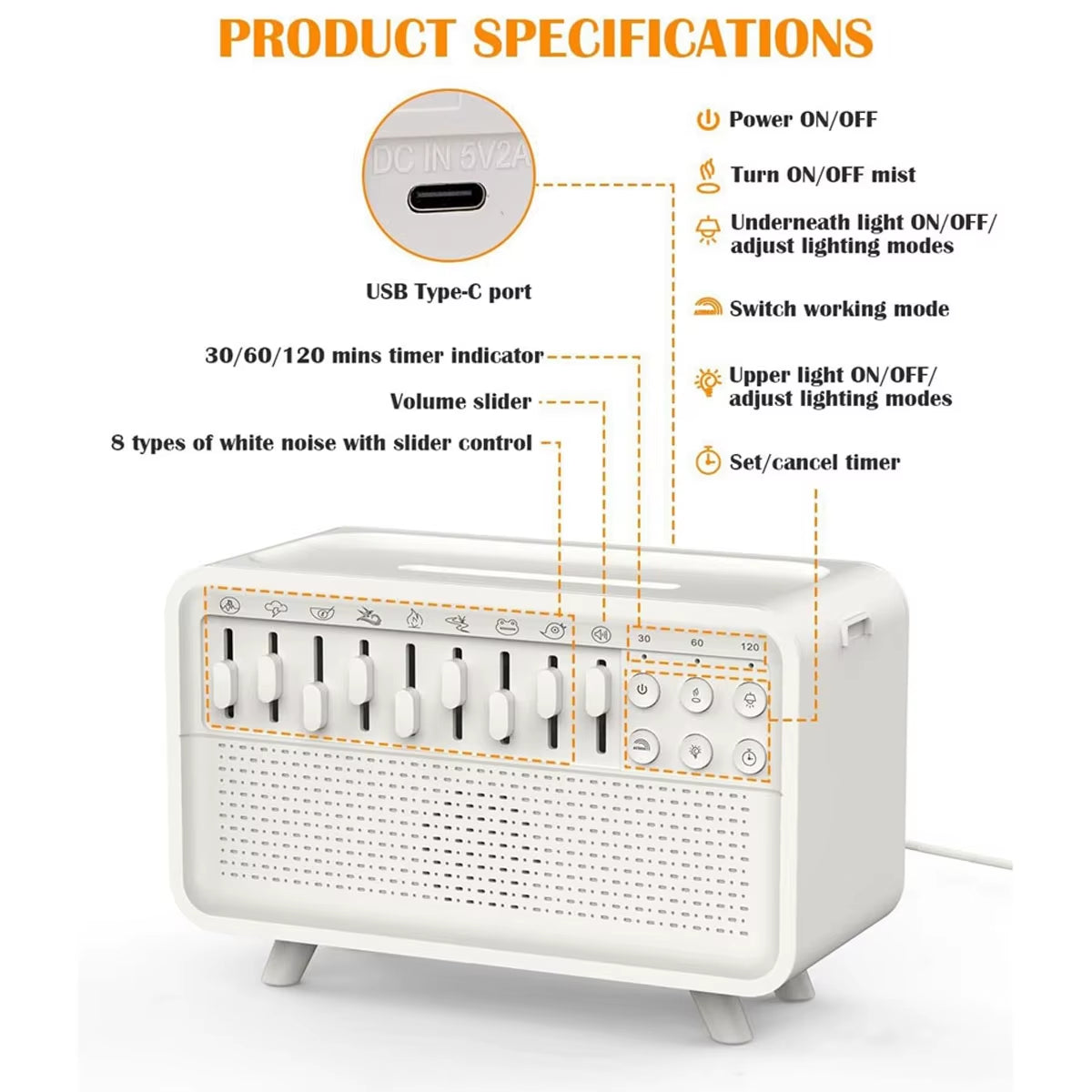White Noise Machine Diffuser Air Aroma Diffuser Humidifier with 8 White Noise Adjustable, Night Light, Bluetooth Speaker