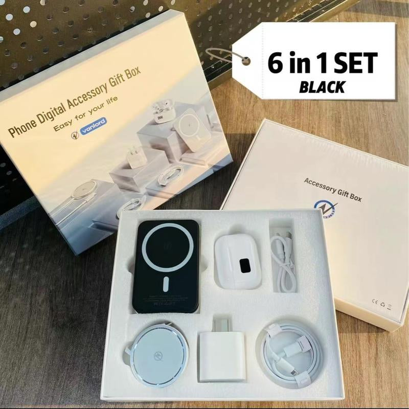 6-In-1 Magnetic Charging and Bluetooth Earphones Kit: Magsafe Battery Pack, Fast Charge, Magneticpower Bank, Wireless Charger, Type-C Tolightning Cable, Adapter & Audio Support,Compact & Portable