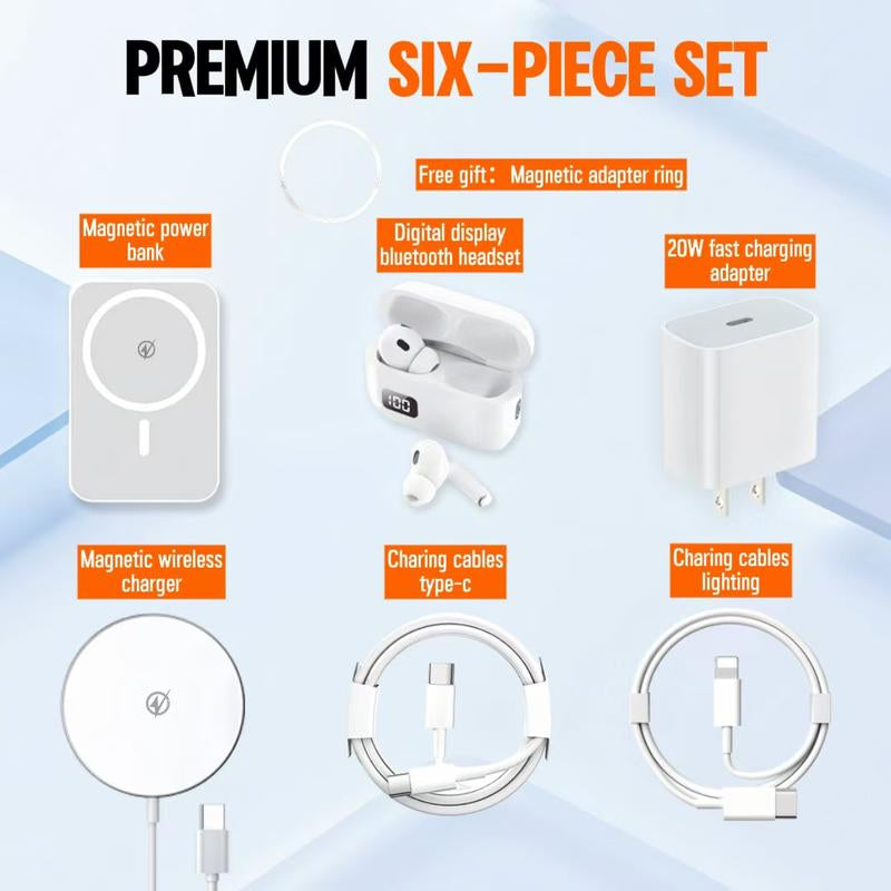 6-In-1 Magnetic Charging and Bluetooth Earphones Kit: Magsafe Battery Pack, Fast Charge, Magneticpower Bank, Wireless Charger, Type-C Tolightning Cable, Adapter & Audio Support,Compact & Portable