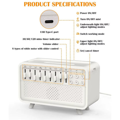 White Noise Machine Diffuser Air Aroma Diffuser Humidifier with 8 White Noise Adjustable, Night Light, Bluetooth Speaker