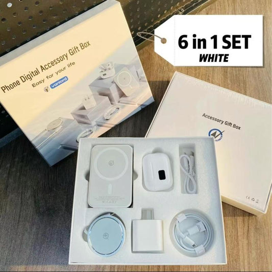 6-In-1 Magnetic Charging and Bluetooth Earphones Kit: Magsafe Battery Pack, Fast Charge, Magneticpower Bank, Wireless Charger, Type-C Tolightning Cable, Adapter & Audio Support,Compact & Portable