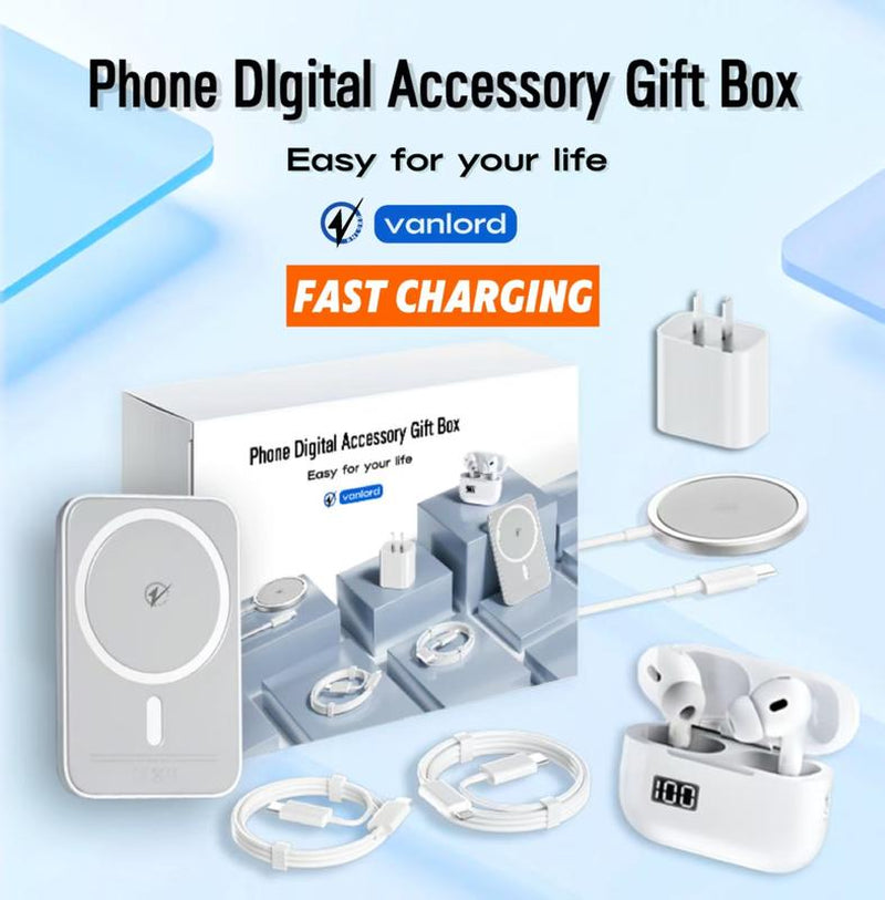 6-In-1 Magnetic Charging and Bluetooth Earphones Kit: Magsafe Battery Pack, Fast Charge, Magneticpower Bank, Wireless Charger, Type-C Tolightning Cable, Adapter & Audio Support,Compact & Portable